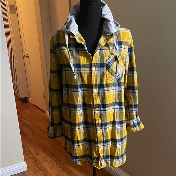 Cotton On Mustard and Navy Plaid Hooded Shirt Jacket - Picture 5 of 5